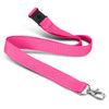 A pink lanyard with a soft touch finish and a metal clip attachment, featuring a logo.