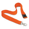 An orange 3D logo lanyard featuring a metal clip and a black buckle.