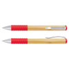 A bamboo twist pen with red rubber grip and silver accents, featuring a clip and a sleek design.