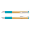 A bamboo twist pen featuring a turquoise grip and silver accents, with a metal clip for convenience.