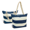 A navy and cream striped tote bag with rope handles, featuring a branding logo.