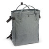 A grey tote backpack with handles, adjustable straps, and a textured fabric design. It features a logo on the front.