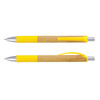 A bamboo pen with a yellow grip and clip, featuring a silver metal tip and accents. It has a branding logo.