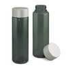 A drink bottle in dark grey with a white cap, featuring a simple design and a logo. Two bottles are shown, one with the cap off.
