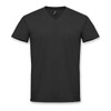 A black V-neck T-shirt featuring short sleeves and a logo on the neckline.