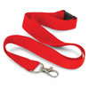 A red RPET lanyard with a metal clasp and adjustable buckle, featuring a simple design.