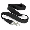 A black RPET lanyard featuring a metal clip at one end and a sturdy buckle. It has a logo on the material.