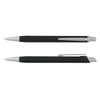 A metal pen with a black grip and chrome accents, featuring a clip and a smooth writing tip. Contains a logo.