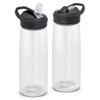 A drink bottle in clear plastic with a black lid and straw. Features a logo on the side.