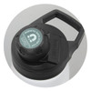 A drink bottle with a black cap and handle, featuring a logo, in a circular design. The bottle is white and has a vacuum insulation.