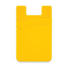 A yellow dual silicone phone wallet with two curved sections and a logo.