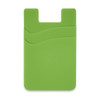 A green silicone phone wallet with two compartments and a logo. Suitable for attaching to mobile phones.