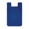 A blue dual silicone phone wallet with a gracefully curved design and a logo. Suitable for securing cards.