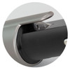 A close-up of a silver and black USB car charger featuring a sleek design and a built-in safety blade.