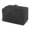 A black toiletry bag with a rectangular shape, featuring a zip closure and a textured surface. Includes a logo.