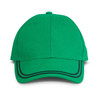A green cap with a structured design and contrasting black stitching, featuring a logo on the front.