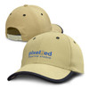 A beige cap with a dark navy peak and branding on the front and back. It has an adjustable strap.