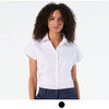 A short-sleeve button-up shirt in white, featuring a collar and a fitted design. Includes branding.
