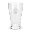 A clear glass schooner beer glass with an etched design and a branded logo at the top.