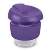 A drink bottle with a purple silicone sleeve and lid, featuring a clear borosilicate glass body. It has a logo.