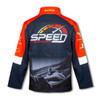 A softshell jacket featuring red and navy colours with a logo and a graphic design on the back.