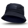 A navy bucket hat with a patch area, featuring a wide brim and a relaxed fit.