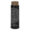 A drink bottle in matte black with a wooden lid, featuring a decorative floral design. It has a logo on the side.