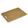 A bamboo rectangle chopping board in natural tones with a handle. It features a smooth surface and a simple design.