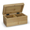 A bamboo tea box with a hinged lid and two compartments. It features a natural bamboo finish and a metallic hinge.