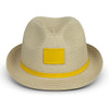 A beige fedora hat with a yellow band and a blank patch for branding.