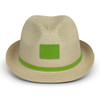 A Bruno Fedora Hat in a light beige colour with a green band and a blank logo area.