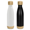 A drink bottle pair in white and black, each featuring a bamboo lid and base, with a sleek, modern design.