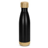 A drink bottle featuring a sleek black design with a bamboo base and wooden lid.