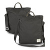 A dark green crossbody bag with a top handle and adjustable strap, featuring a branding logo.