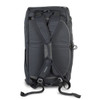A black duffle bag with adjustable straps and a textured surface, featuring a logo.