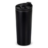A drink bottle in sleek black with a push-button lid and a stainless steel interior. Features a logo on the side.