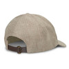 A beige cap with a textured fabric and an adjustable brown strap at the back, featuring a logo.