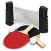 A portable table tennis set featuring black and red paddles, three white balls, and a net with black posts.