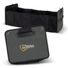 A grey trunk organiser with multiple compartments and a handle, featuring a logo on the side.