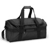 A black duffle bag with adjustable shoulder strap and dual carry handles, featuring a zippered main compartment and logo.