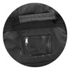 A black duffle bag with a clear plastic identification pocket and sturdy carrying handle. It features a logo.
