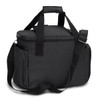 A black cooler bag with a top handle and adjustable shoulder strap, featuring a sleek design and storage compartments.