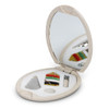 A compact sewing kit with colourful threads, a needle, a threader, and a mirror in a light-coloured case.
