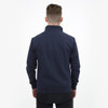 A unisex quarter zip jumper in navy blue, featuring a simple design and a collar, with a logo on the back.