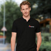 A black men's polo shirt featuring a logo on the chest, presented against an outdoor background.