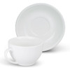 A white chai cup and matching saucer, both featuring a smooth, glossy finish and a simple design.