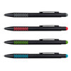 A set of four stylus pens in black with grey, red, green, and blue accents, each featuring a logo.