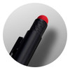 A stylus pen with a black body and a red tip, featuring a textured grip and a logo on the barrel.