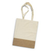 A tote bag featuring a cream upper section and a natural jute bottom, complete with two shoulder straps.