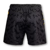 Custom men's volleyball shorts in black with a grey patterned design and yellow accents, featuring a logo.